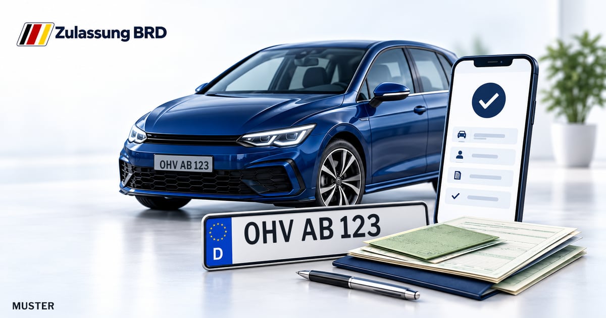 Online Fahrzeugzulassung in Mühlenbecker Land: Musterkennzeichen OHV AB 123, Auto und Fahrzeugpapiere und Smartphone. Illustration mit Logo von Zulassung BRD.